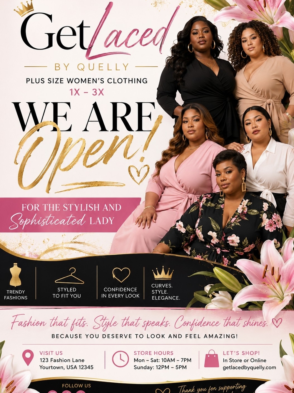 GetLaced by Quelly Plus Size Wrap Dresses in Blush, Black & Beige